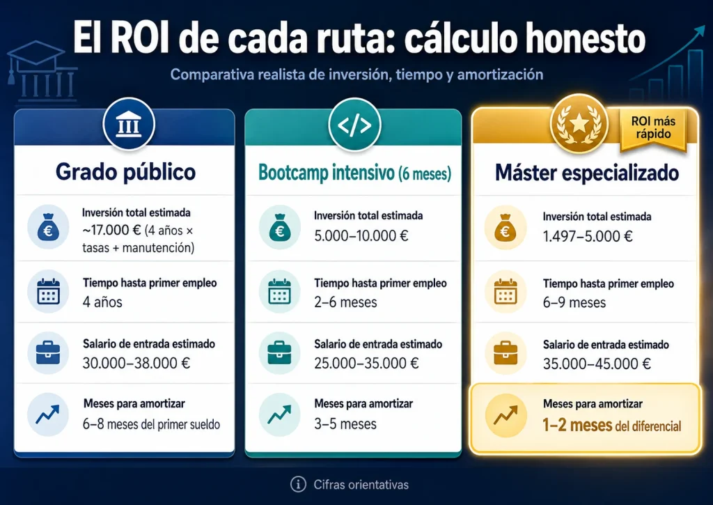 Grado, Bootcamp o Máster de IA: qué formación elegir en 2026 según tu objetivo profesional 3 el roi honesto